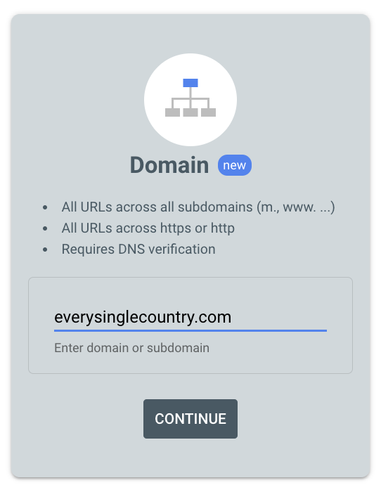 Enter the domain name, and click 'CONTINUE'.