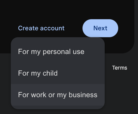 Click 'Create account' and then 'For work or my business'.