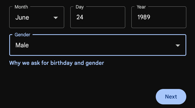 Fill your birthdate and gender.